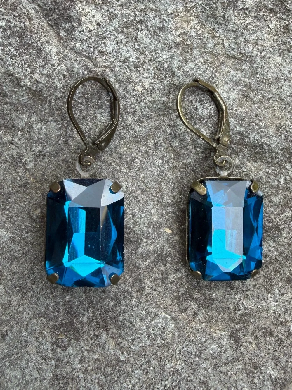 Vintage Blue Crystal Rectangular Drop Earrings